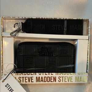 Steve Madden Black Embossed Wallet/Card Holder w/Strap Set. NIB